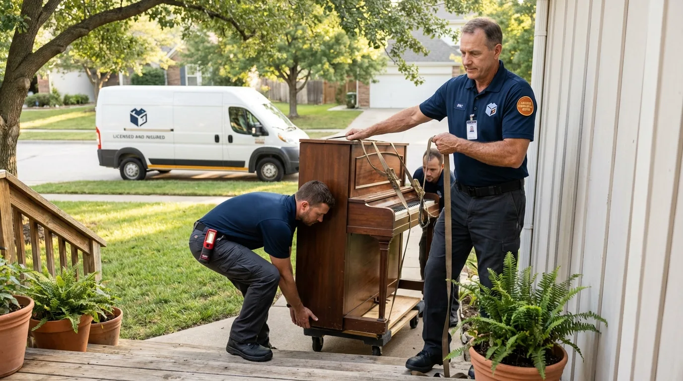 Licensed piano movers securing grand piano in Dayton, IN