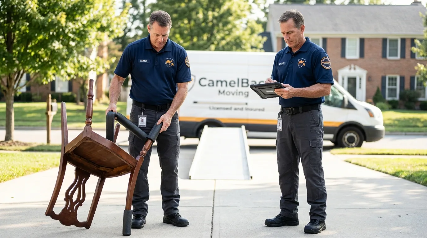 Movers inspecting furniture for damage prevention before loading in Dayton, IN