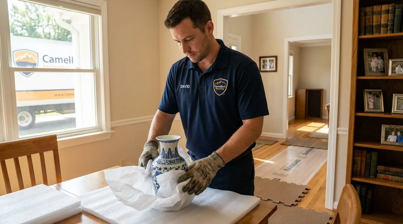 Professional crew carefully wrapping antique vase for senior downsizing move in Dayton, IN