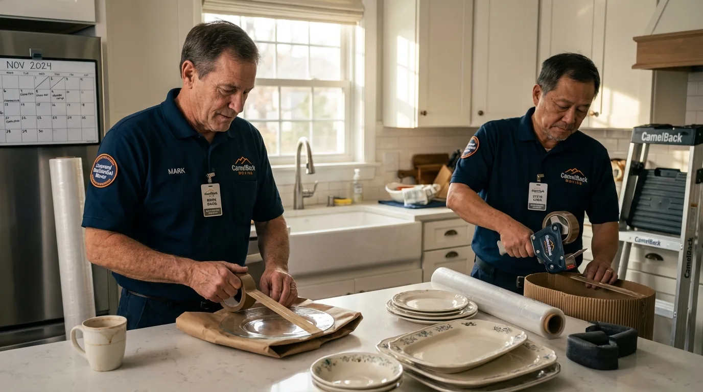 Professional crew packing kitchen dishware in Dayton, IN